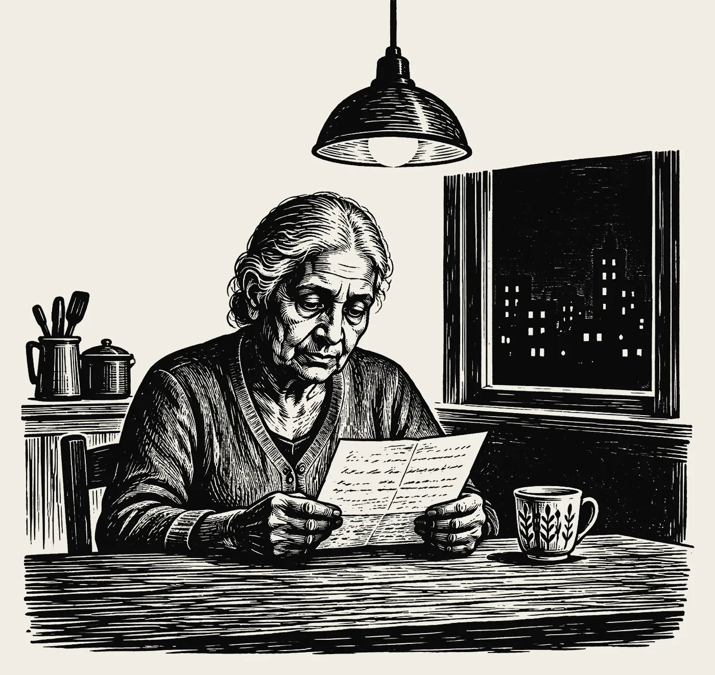 An older woman alone at her kitchen table at night, reading a letter.