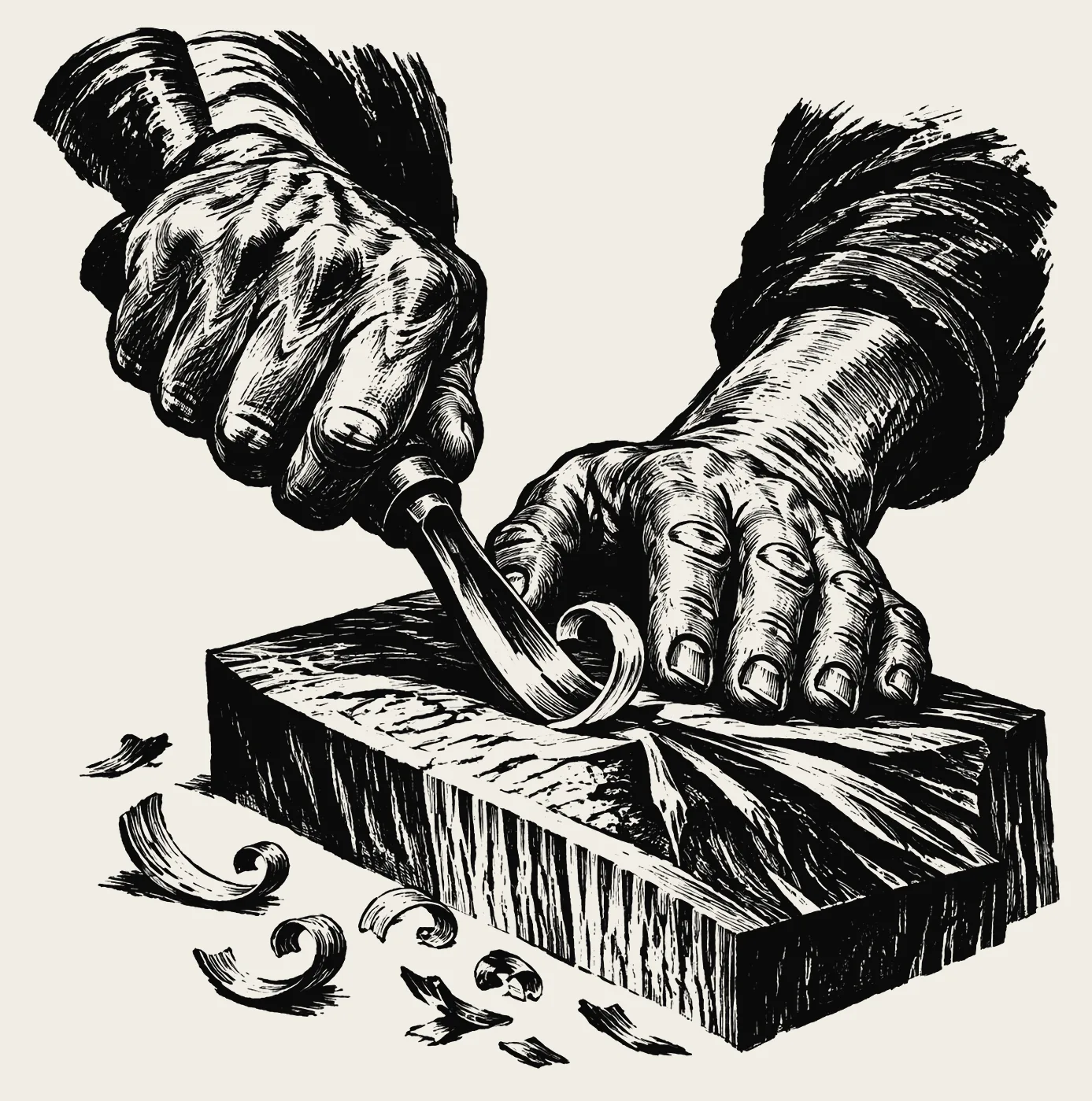 Hands carving a line into a block of wood.