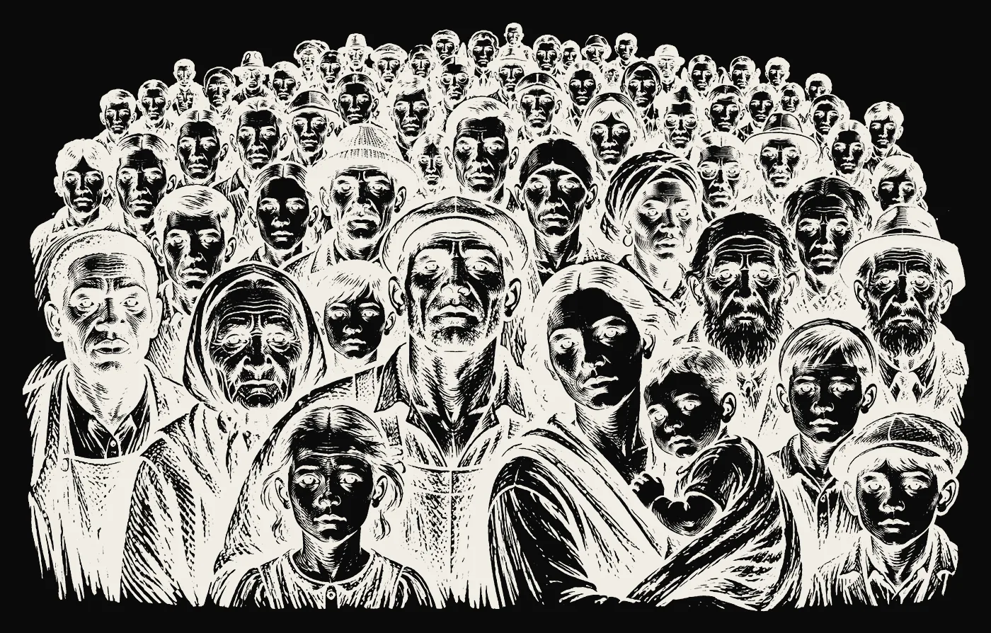 A crowd of ordinary people of every age, looking out.