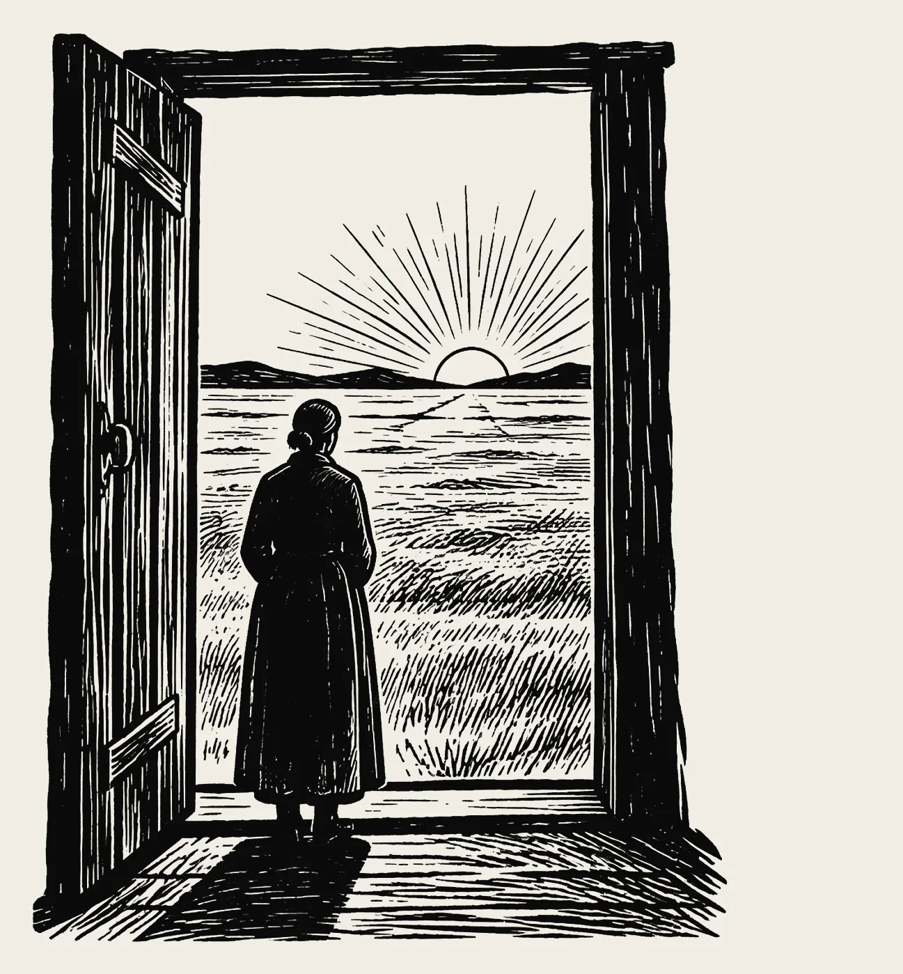 Alone in a doorway, a figure looks out at the dawn.