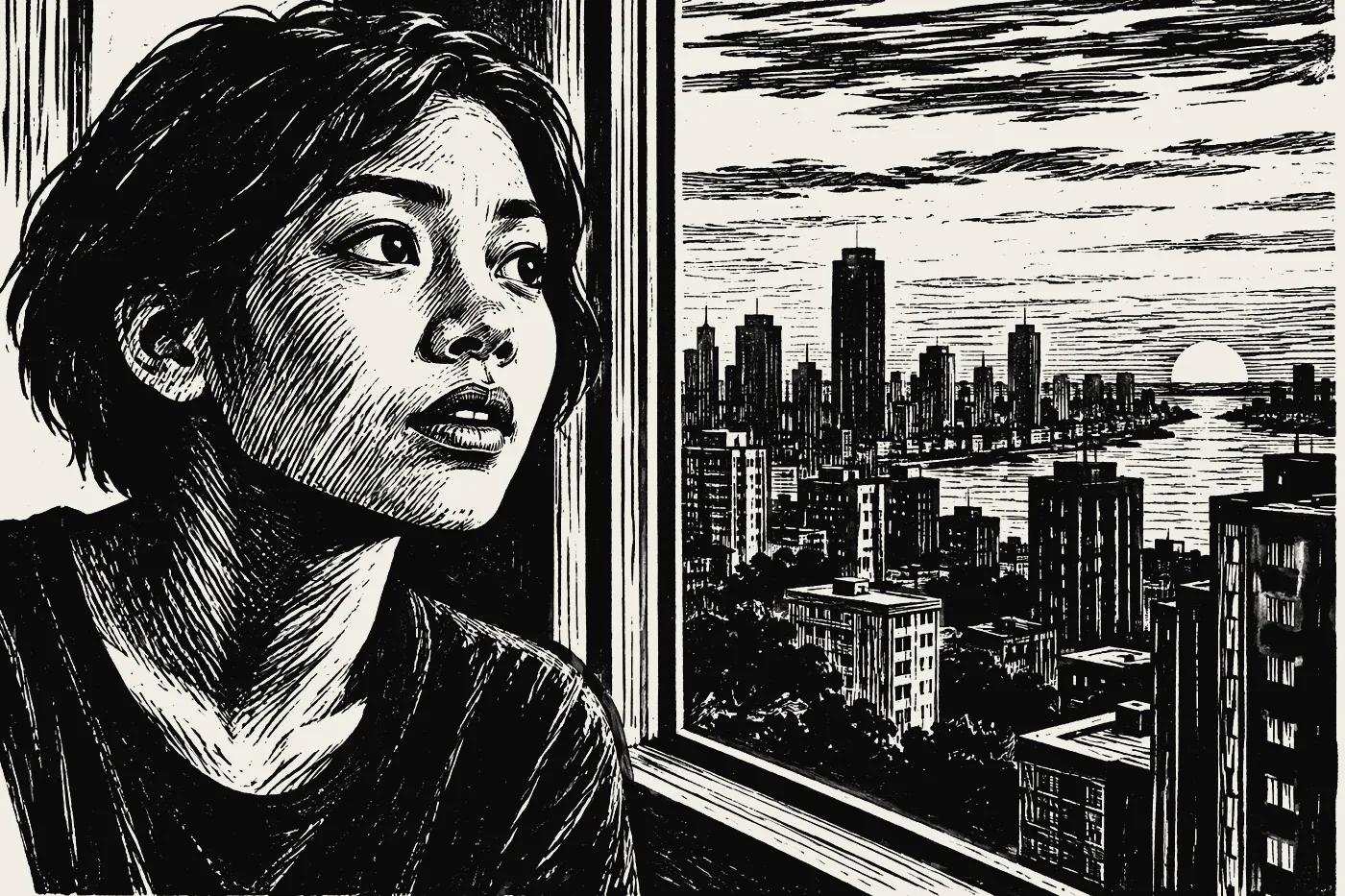 A young woman at a window, seeing the city as if new.