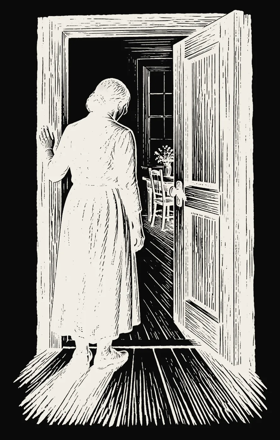 A person pausing at an open door, light spilling through.