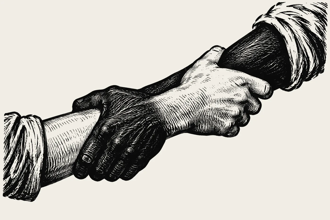 Two hands of different skin tones gripping each other's forearms.