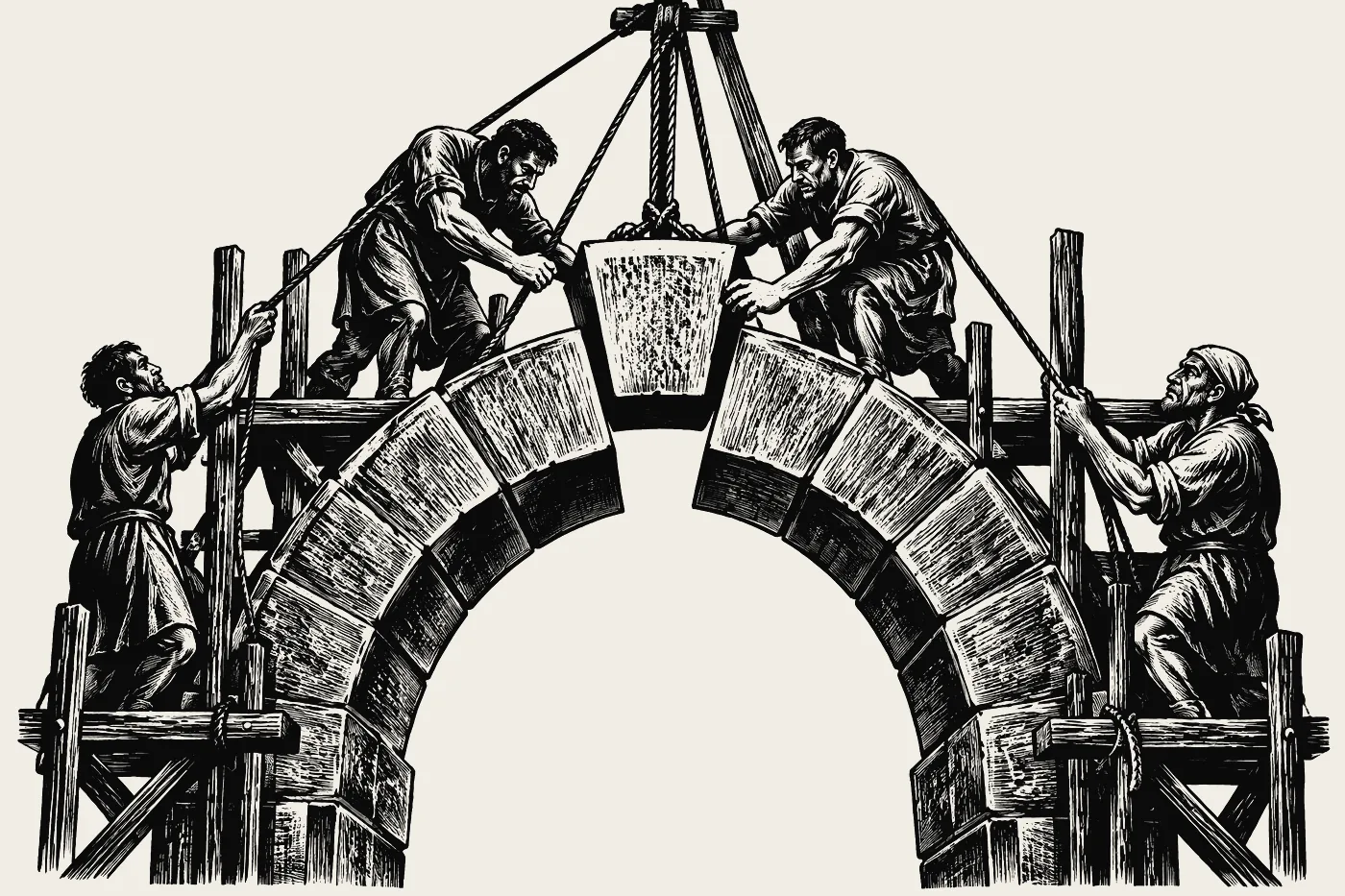 Stonemasons lowering the keystone into an arch.