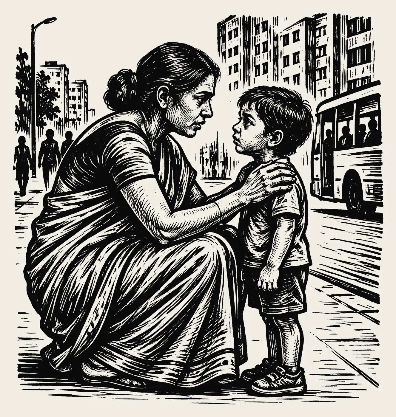 A mother crouching to tell her child something important.