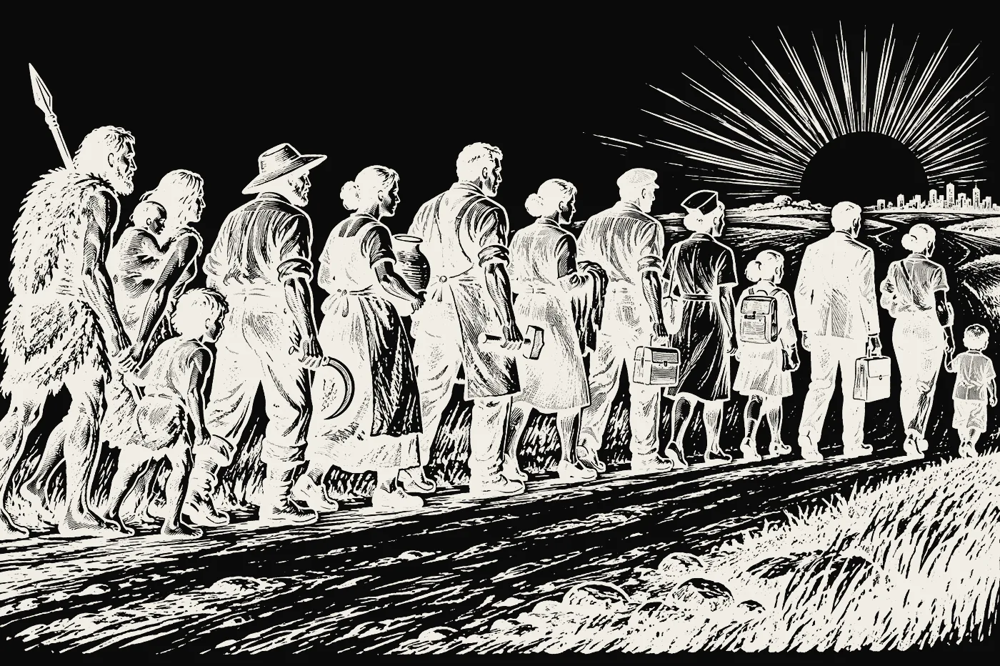 Ordinary people from every age of history walking a road toward the sunrise.
