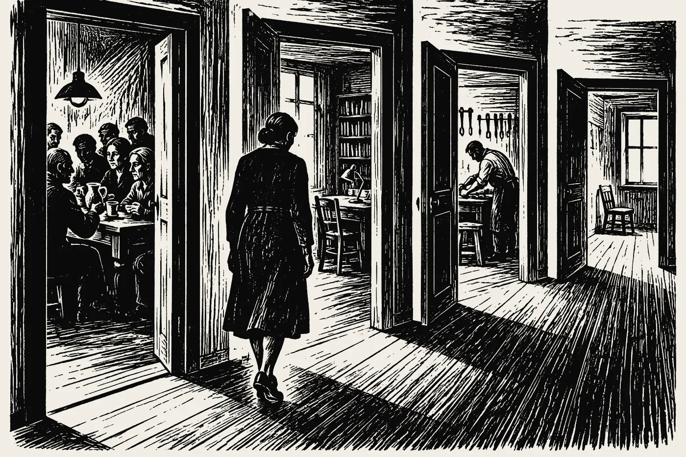 A woman walking a hall of open doors, each room different.
