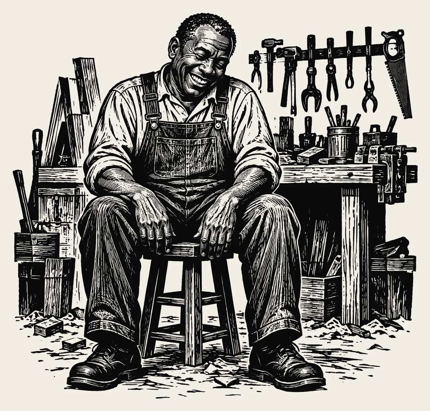 A man laughing warmly in his workshop.