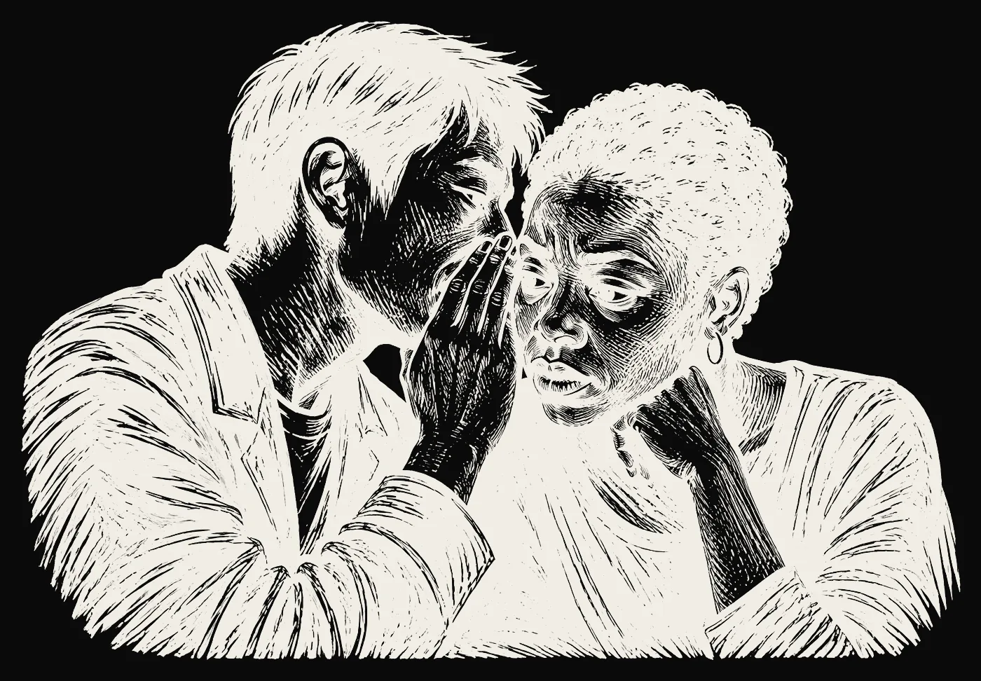 Two friends, one telling the other something important.