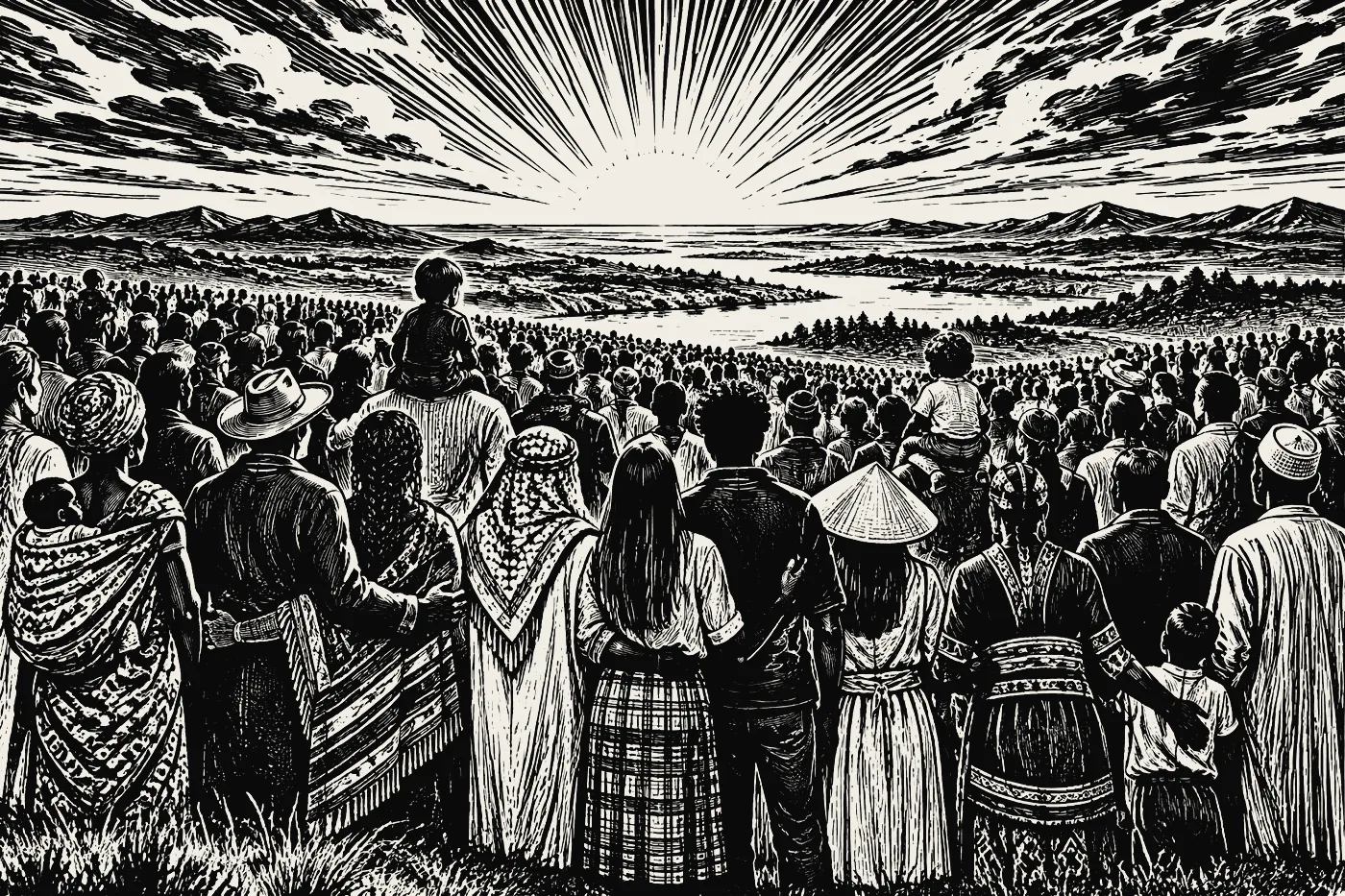 A great crowd of people from every culture, facing the sunrise together.